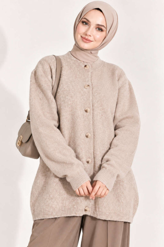 Beige Off-Shoulder Gebreide Cardigan Met Knopen