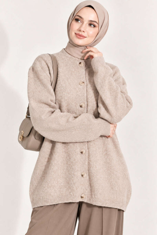 Beige Off-Shoulder Gebreide Cardigan Met Knopen