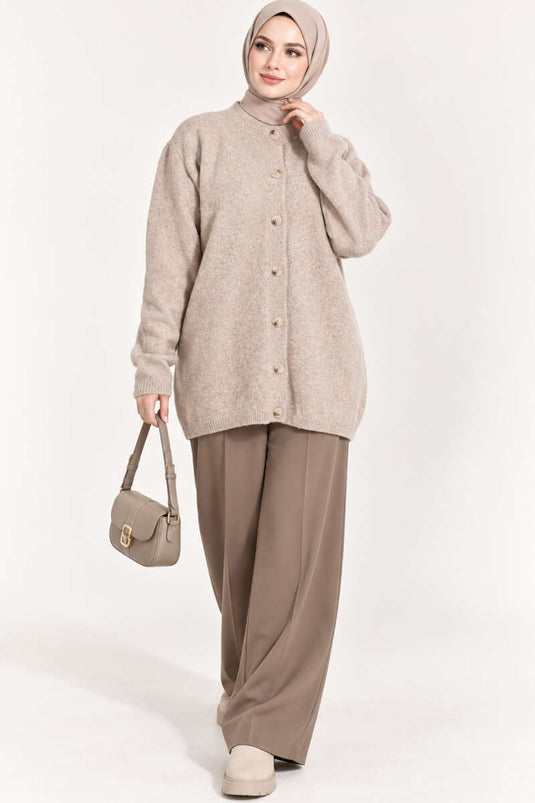 Beige Off-Shoulder Gebreide Cardigan Met Knopen