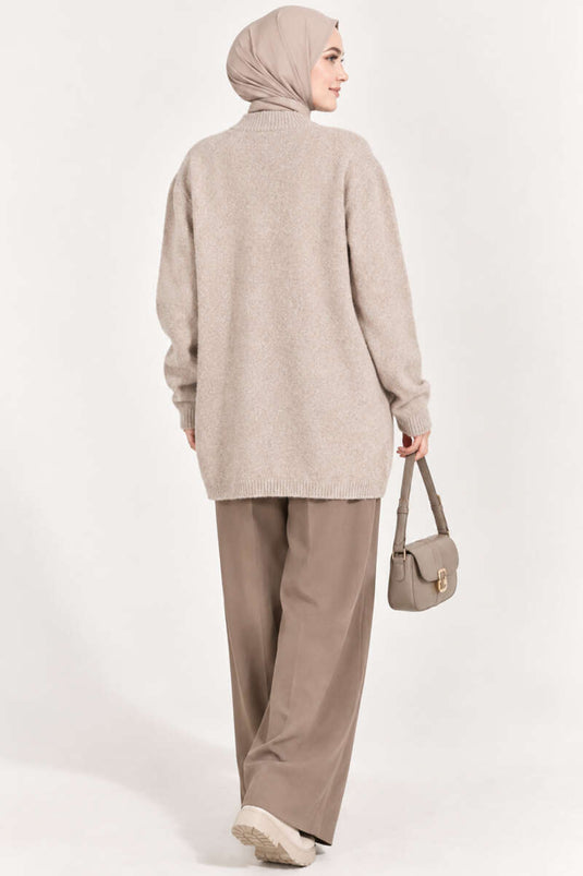 Beige Off-Shoulder Gebreide Cardigan Met Knopen