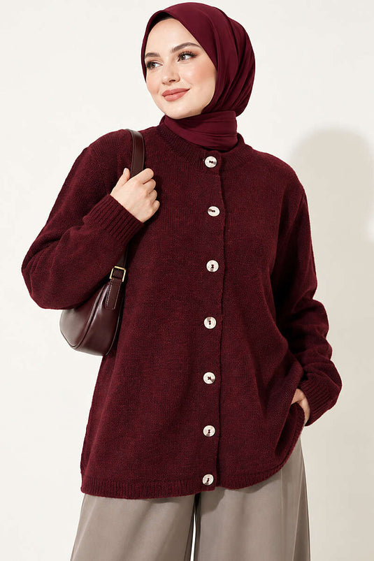 Off-Shoulder Gebreide Cardigan Met Knopen, Bordeaux