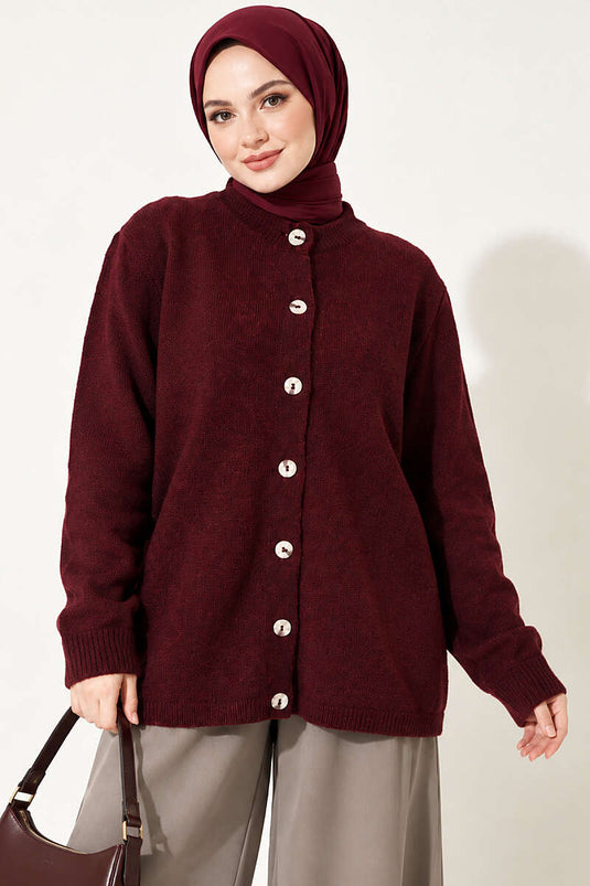Off-Shoulder Gebreide Cardigan Met Knopen, Bordeaux