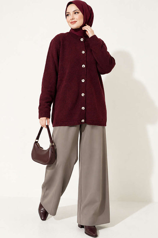 Off-Shoulder Gebreide Cardigan Met Knopen, Bordeaux