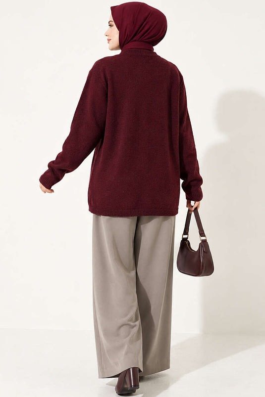 Off-Shoulder Gebreide Cardigan Met Knopen, Bordeaux