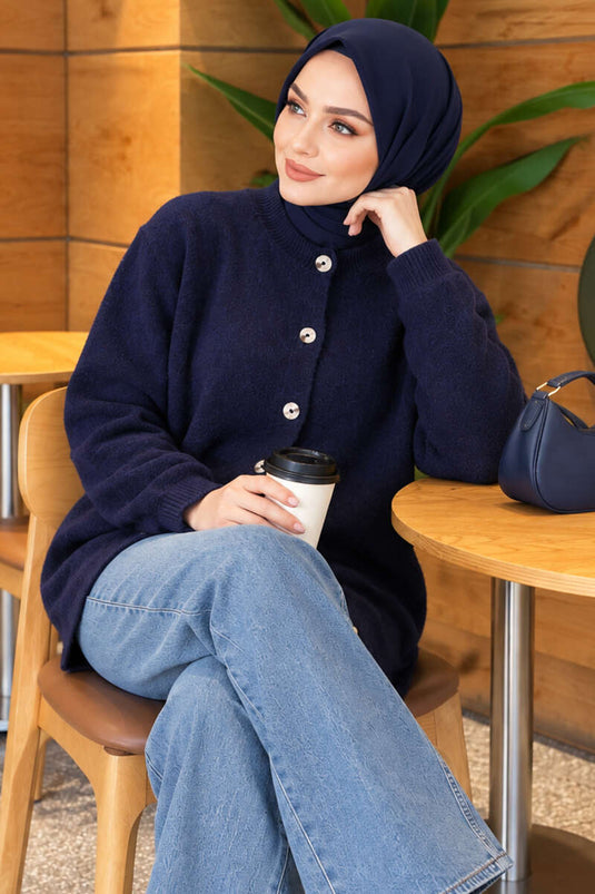 Chaqueta De Punto Con Botones Y Hombros Descubiertos En Azul Marino