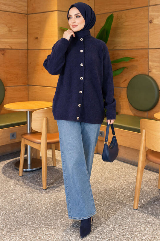 Chaqueta De Punto Con Botones Y Hombros Descubiertos En Azul Marino