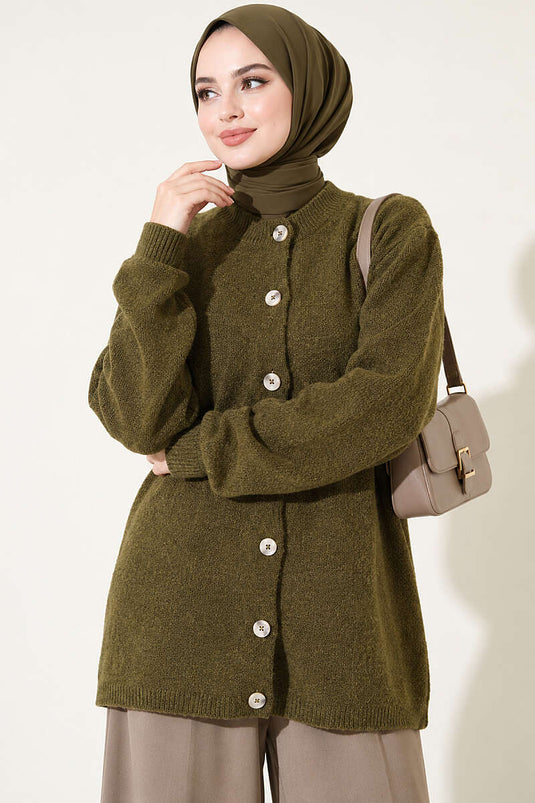 Off-Shoulder Buttoned Knit Cardigan In Olive Green
