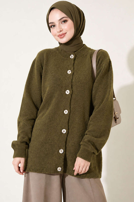 Off-Shoulder Buttoned Knit Cardigan In Olive Green