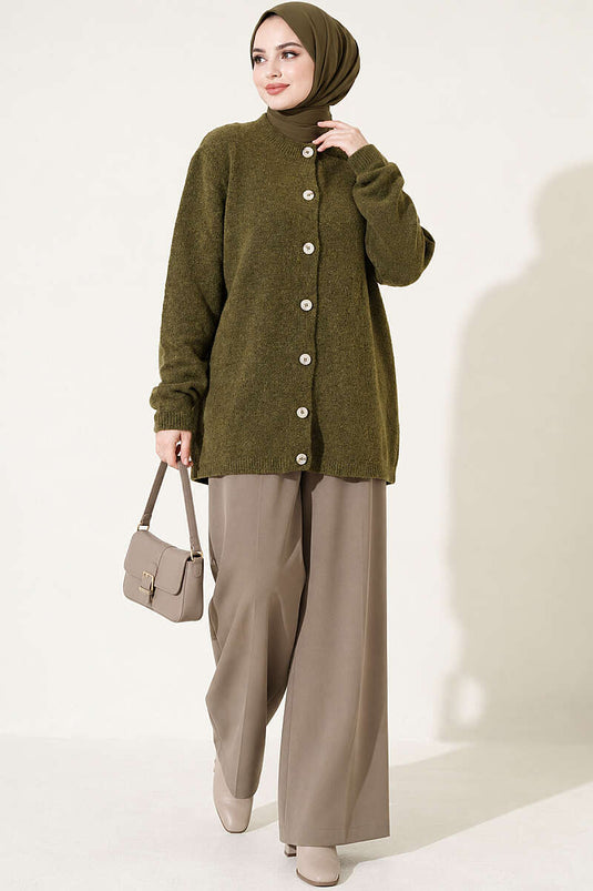 Off-Shoulder Buttoned Knit Cardigan In Olive Green