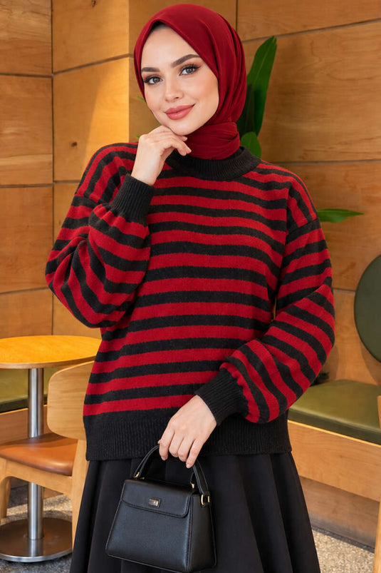 Off-Shoulder Thin Striped Knit Sweater Anthracite