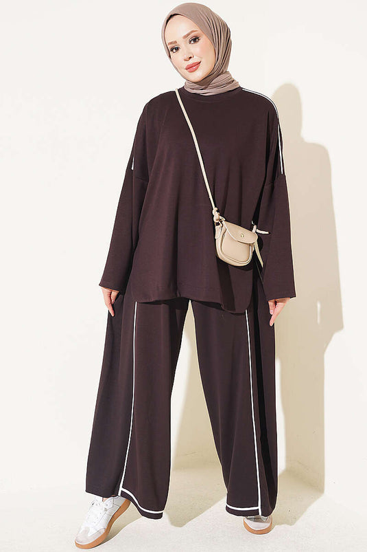 Off-Shoulder Striped Two-Piece Set In Bitter Coffee