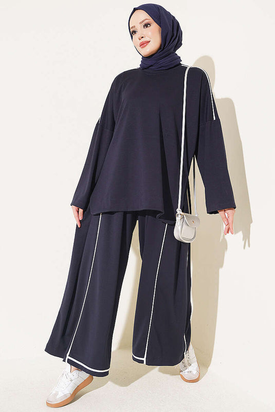 Off-Shoulder Navy Blue Striped Two-Piece Set