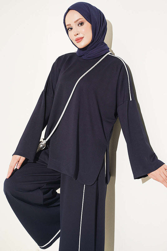 Off-Shoulder Navy Blue Striped Two-Piece Set