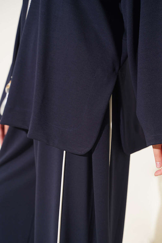 Off-Shoulder Navy Blue Striped Two-Piece Set
