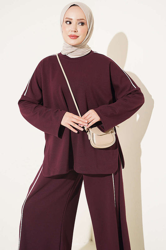Off-Shoulder Striped Two-Piece Set In Plum