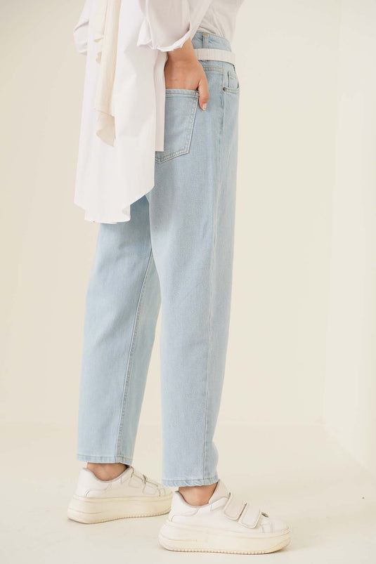 Pantalon Boyfriend Droit Bleu Glace