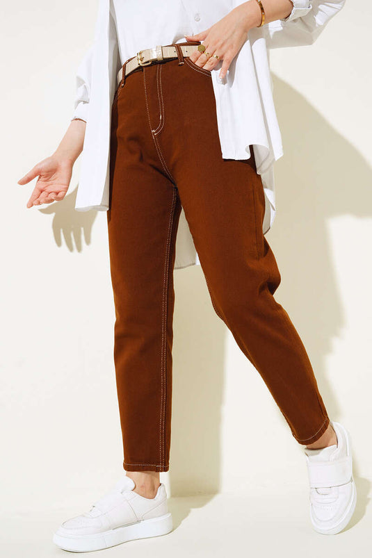 Pantalon droit Boyfriend marron blanc