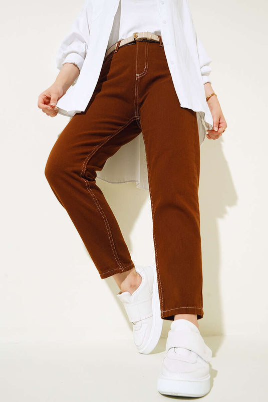 Pantalon droit Boyfriend marron blanc