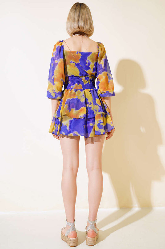 فستان مكشكش بنمط رخامي عند الخصر باللون الأرجواني