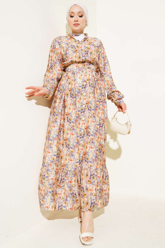 Beige Kleid Mit Marmoriertem Blumenmuster Und Knopfleiste
