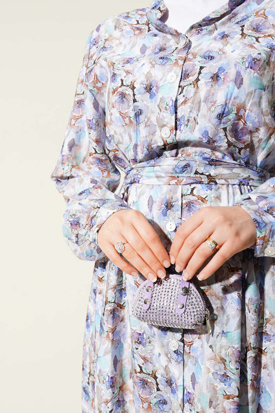 Marbled Floral Pattern Buttoned Dress Lilac