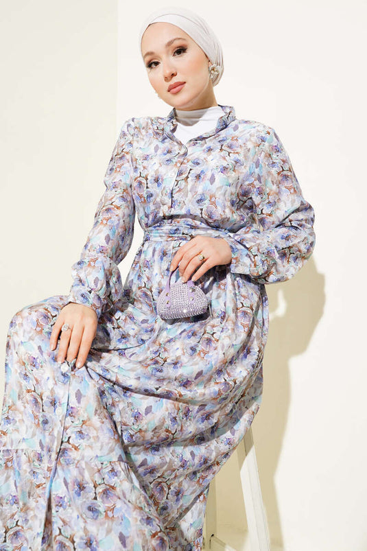 Marbled Floral Pattern Buttoned Dress Lilac