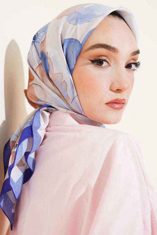 Marbled Floral Pattern Scarf, Navy Blue