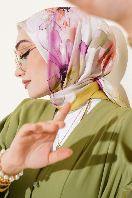 وشاح بنقشة زهور رخامية، أخضر زيتوني