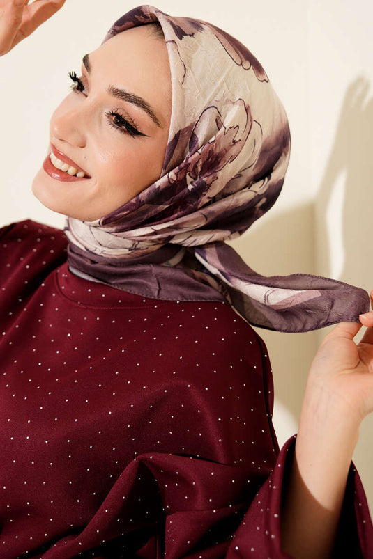 Ebruli Çiçekli Bambu Kraş Eşarp Acı Kahve