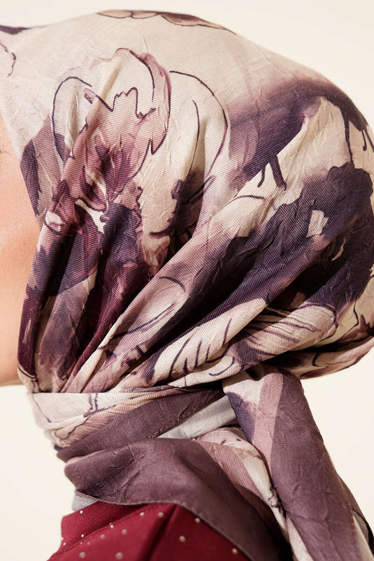 Ebruli Çiçekli Bambu Kraş Eşarp Acı Kahve