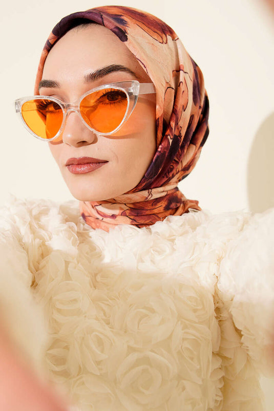 Sciarpa in bambù con stampa floreale marmorizzata color caffè