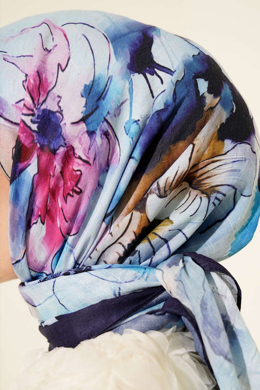 Marbled Floral Bamboo Knit Scarf Navy Blue