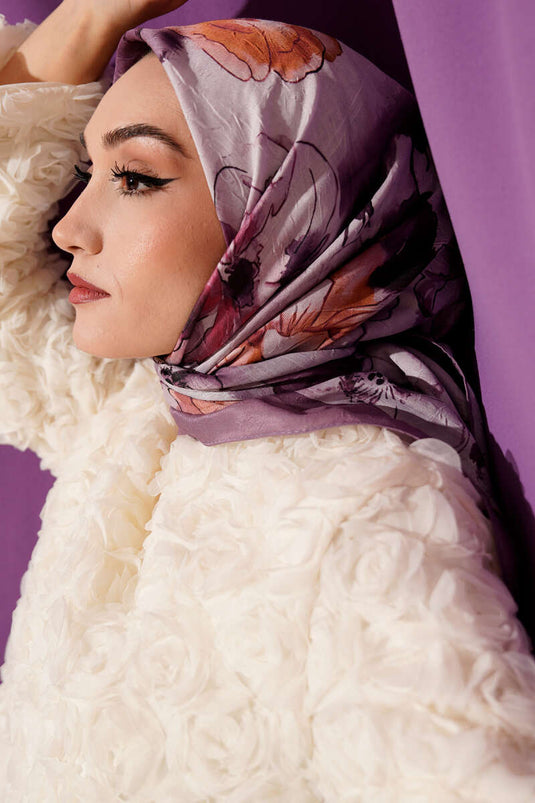 Sciarpa in maglia di bambù con motivo floreale marmorizzato lilla