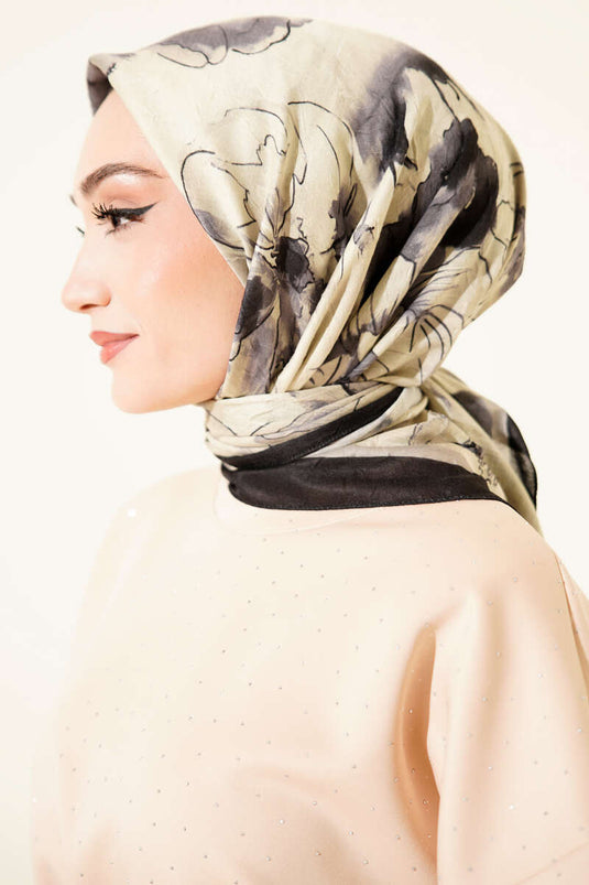 Ebruli Foulard in Bambù Stropicciato con Fiori Nero