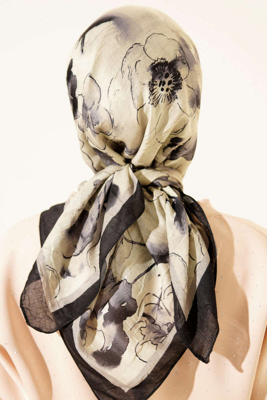 Ebruli Foulard in Bambù Stropicciato con Fiori Nero