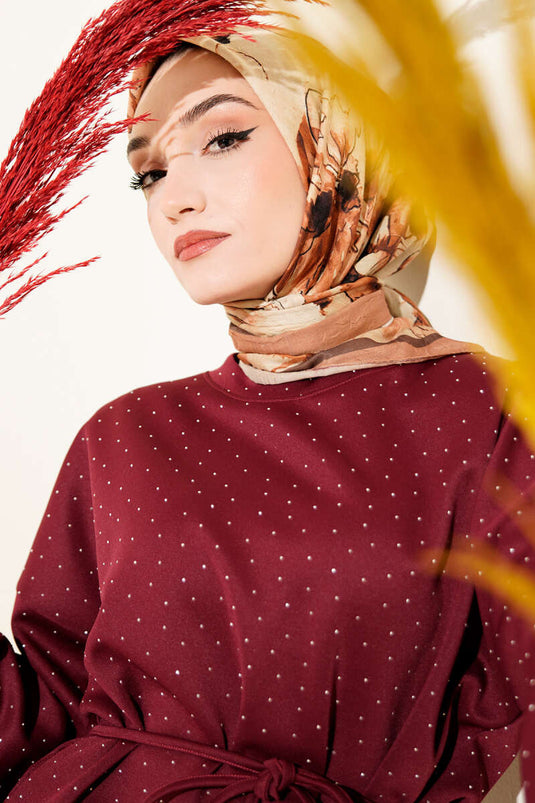 Marbled Floral Bamboo Crush Scarf Tan