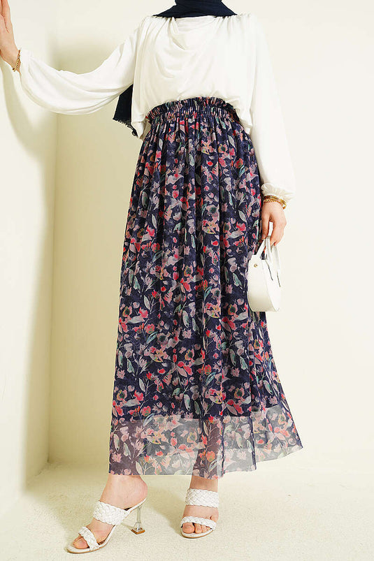 Jupe en tulle à fleurs multicolores bleu marine