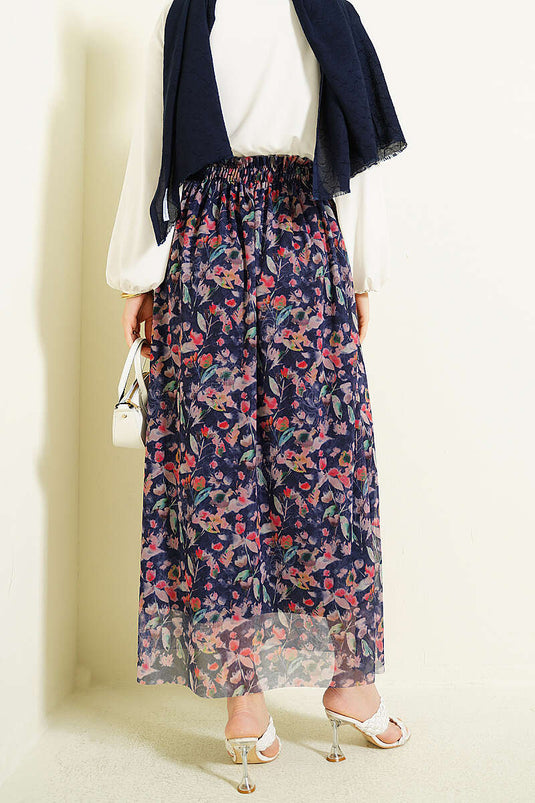 Jupe en tulle à fleurs multicolores bleu marine