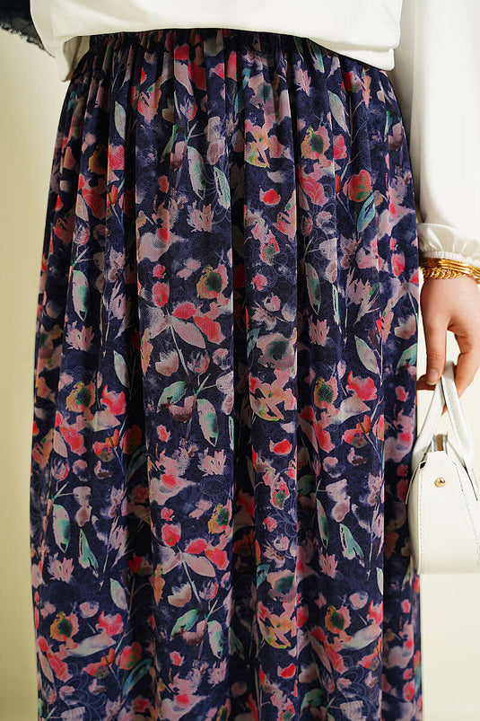 Jupe en tulle à fleurs multicolores bleu marine