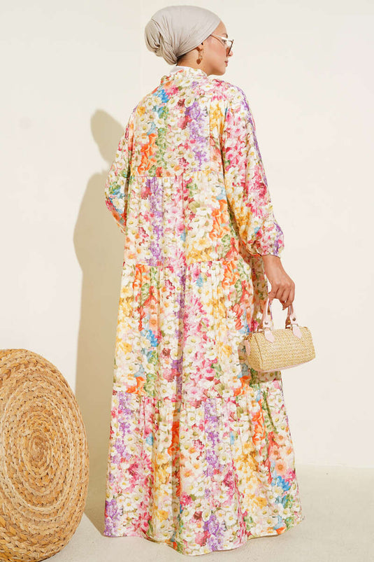 Half Buttoned Rainbow Dress with Marbled Flowers