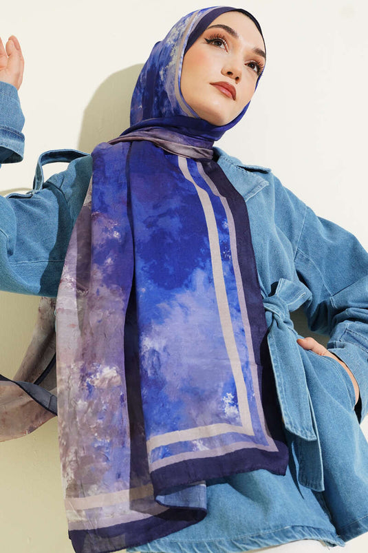 Marbled Pattern Bamboo Crush Scarf Navy Blue