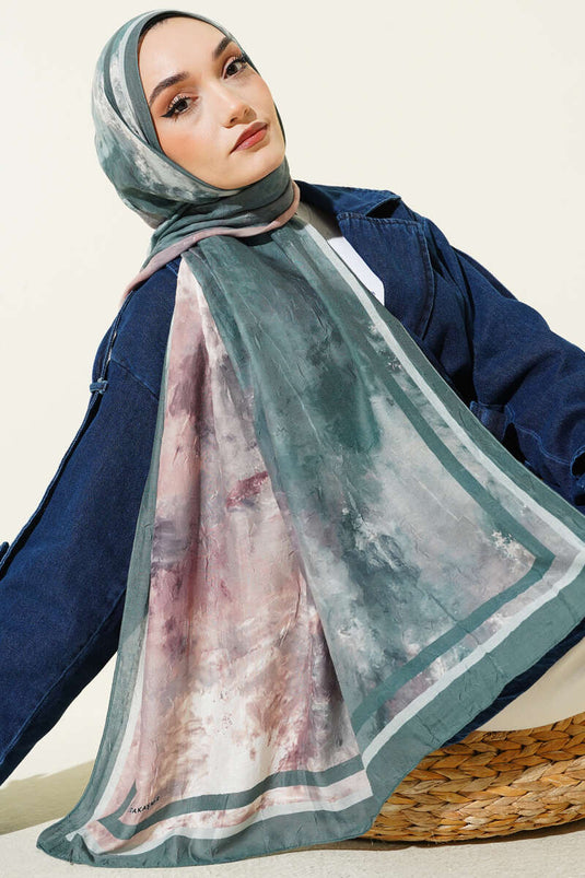 Ebruli Desen Bambu Kraş Şal Zümrüt