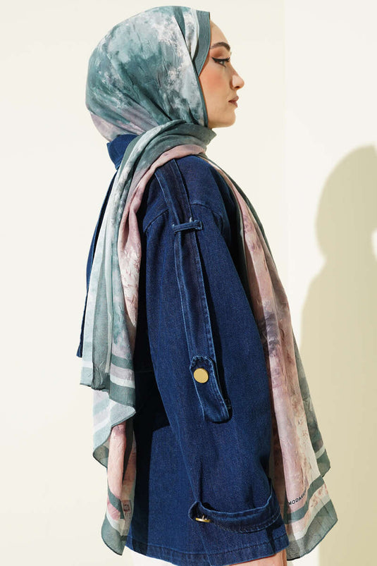 Ebruli Desen Bambu Kraş Şal Zümrüt