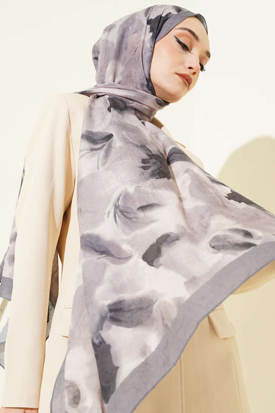 Ebruli Patterned Bamboo Crêpe Shawl Gray