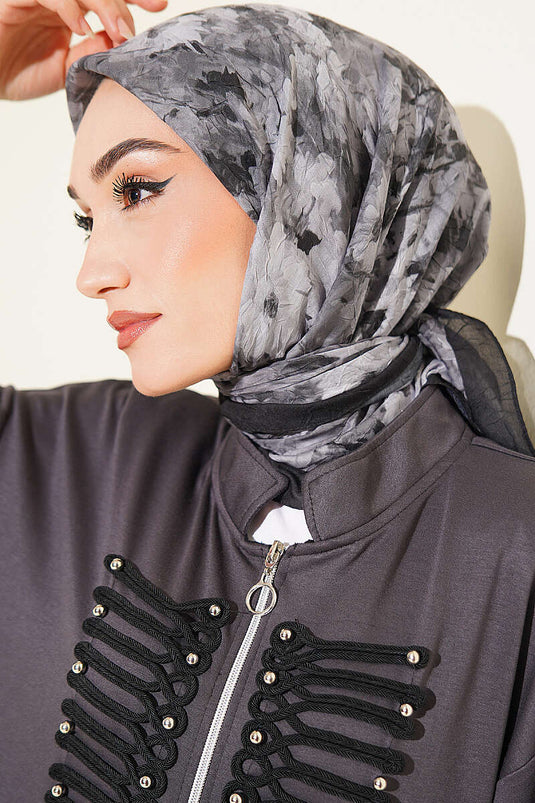Ebruli Desenli Eşarp Siyah Füme