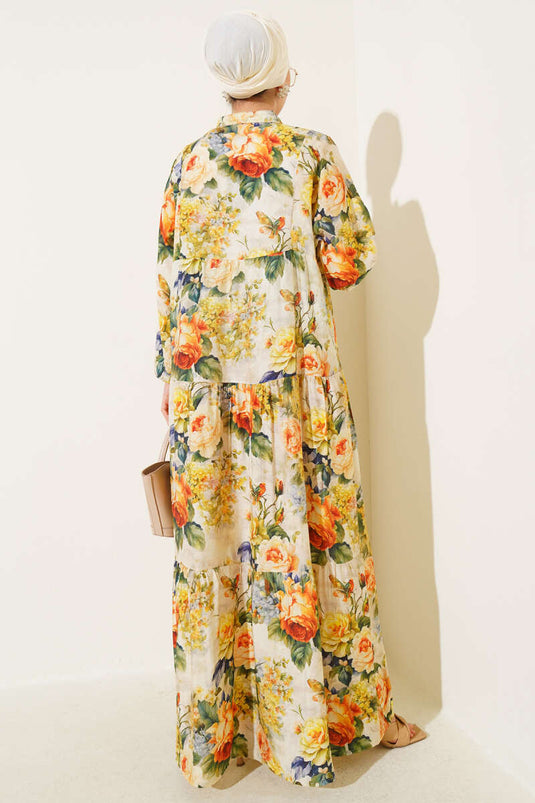 Gemarmerde rozenpatroonjurk geel