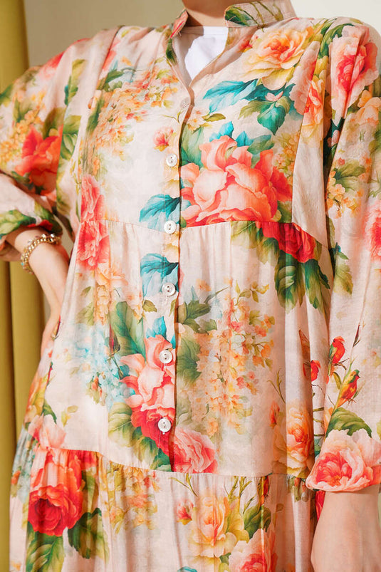 Robe à motifs roses marbrées verte