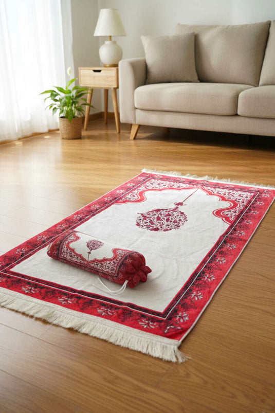 Tapis de prière avec sac motif ébréché rouge