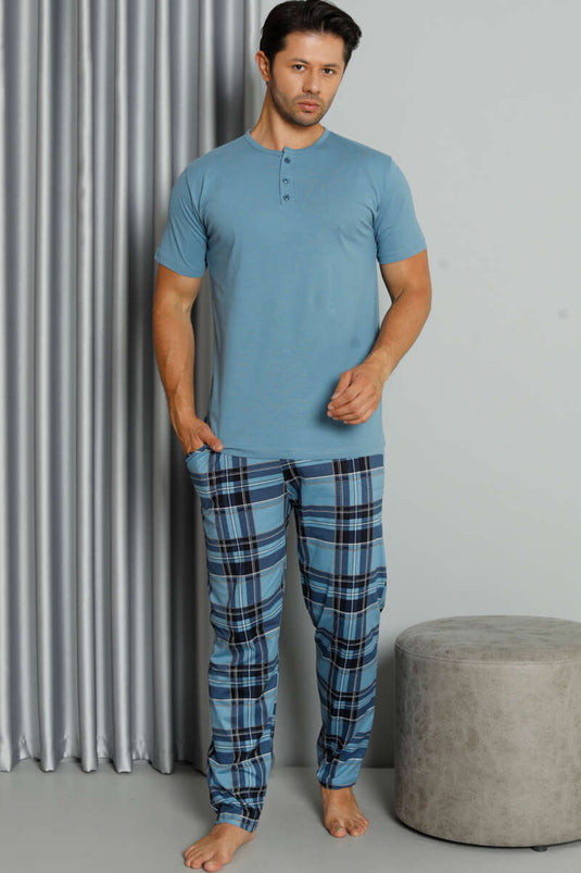 Ensemble pyjama bleu à carreaux imprimés et boutons, manches courtes