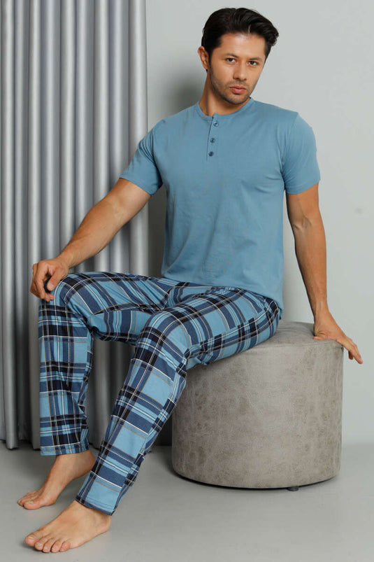 Ensemble pyjama bleu à carreaux imprimés et boutons, manches courtes